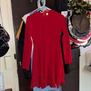 Red Long Sleeve Dress with Eyelet Hem